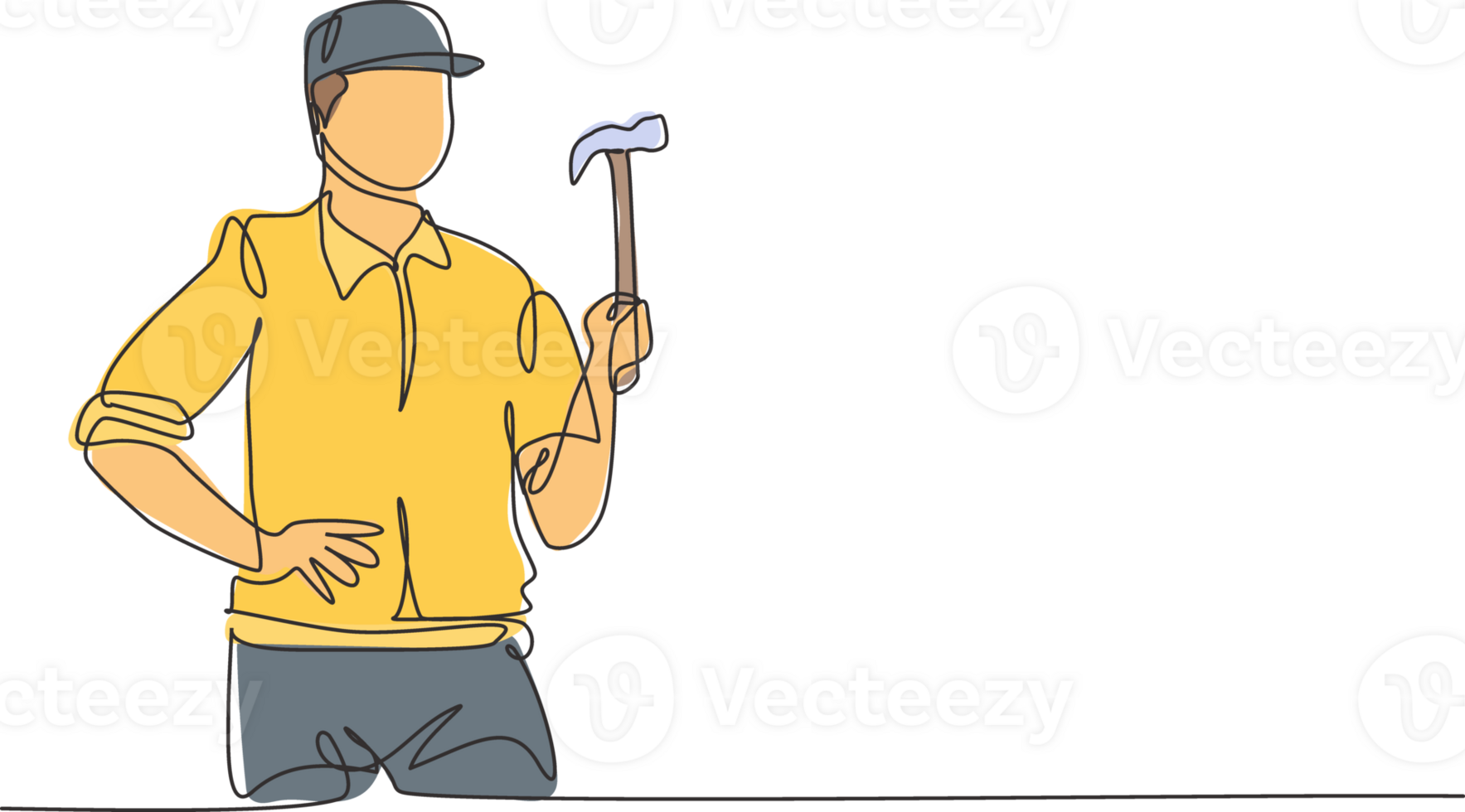 Single one line drawing of young handyman holding hammer ready to work. Professional job profession and occupation minimal concept. Continuous line draw design graphic illustration png