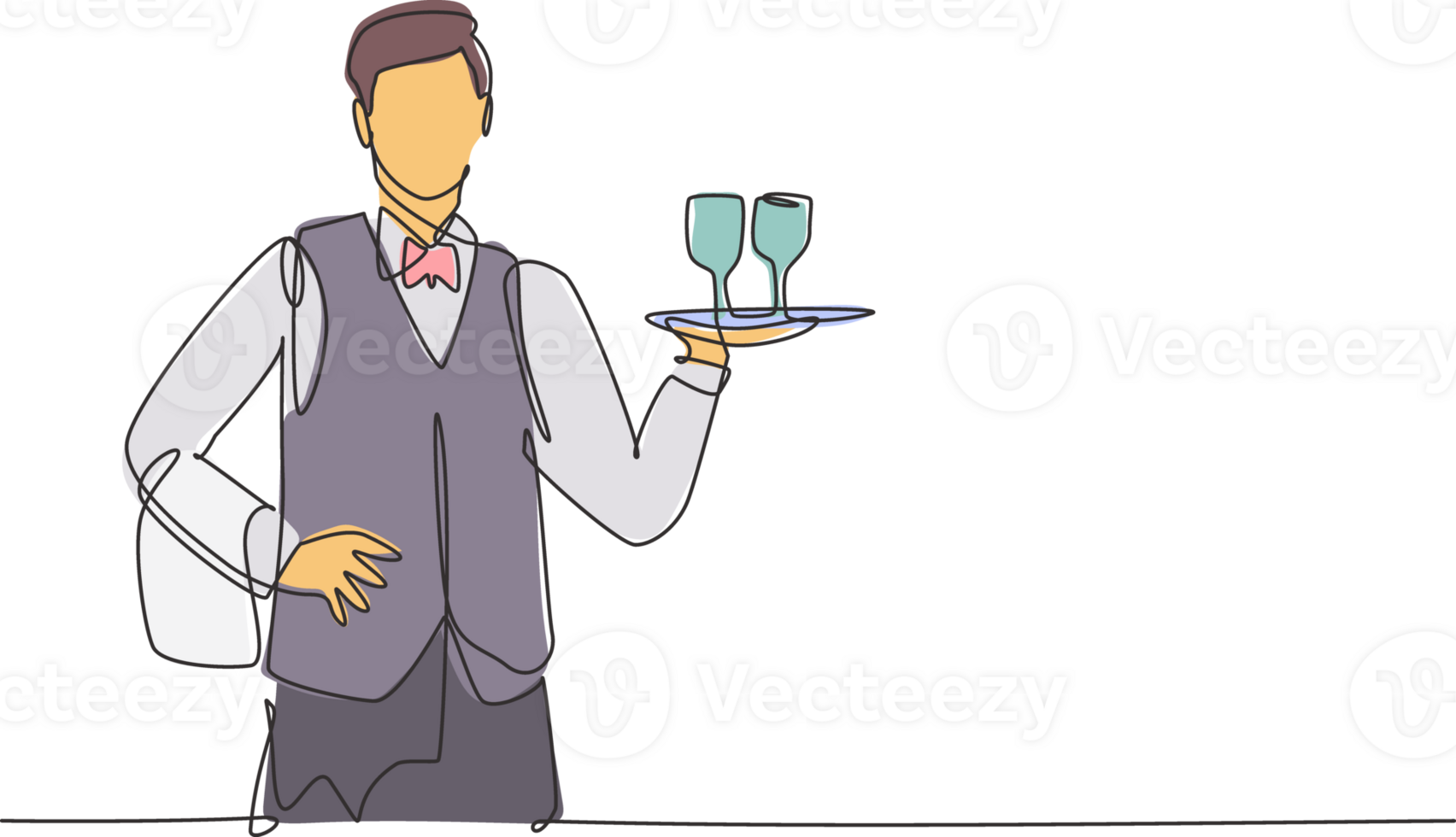 Single one line drawing of young waiter man holding metal tray with glass to serve. Professional work profession and occupation minimal concept. Continuous line draw design graphic illustration png