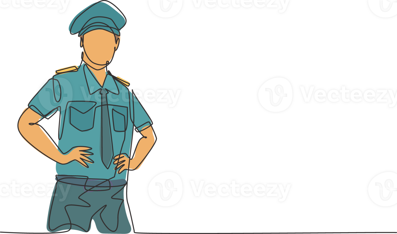 Continuous one line drawing of young captain pilot pose wearing uniform before takeoff flight. Professional job profession minimalist concept. Single line draw design graphic illustration png