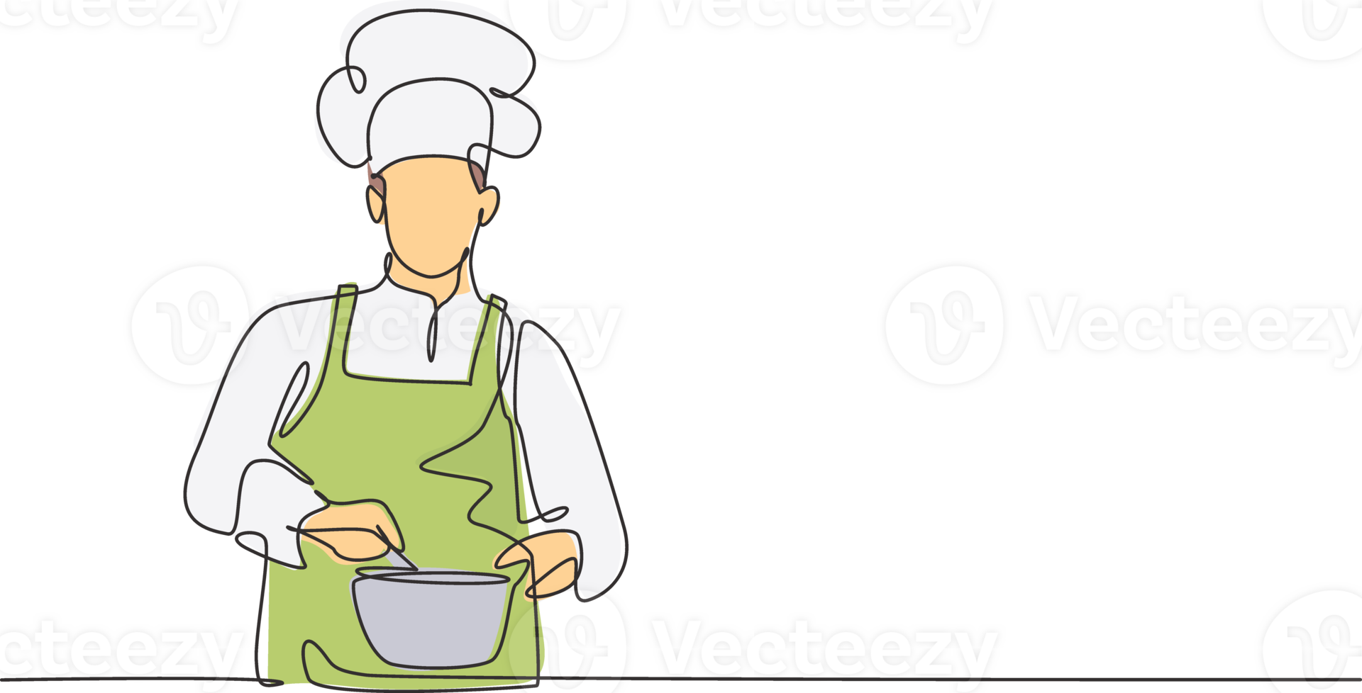 Single one line drawing of young handsome male chef stirring soup on pan to mix seasoning. Healthy organic vegan food modern template one line hand drawn illustration minimalism style png