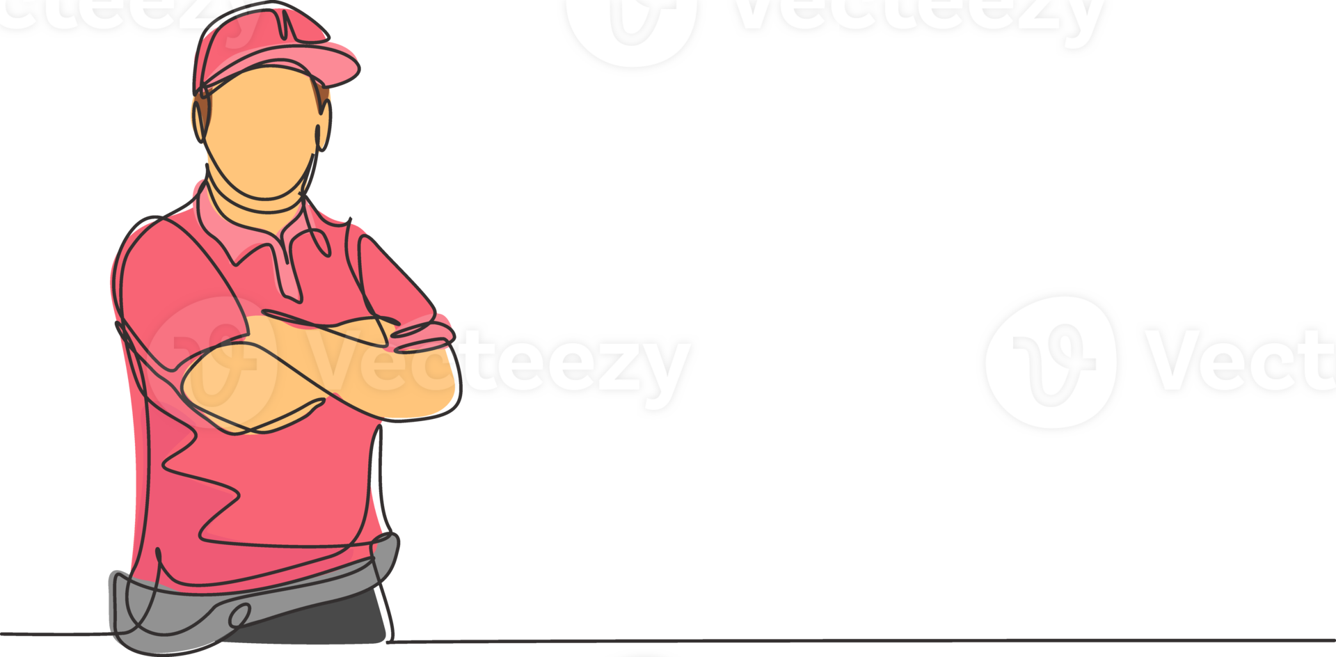 Continuous one line drawing of young delivery man with uniform posing cross his hands on chest. Professional job profession minimalist concept. Single line draw design graphic illustration png