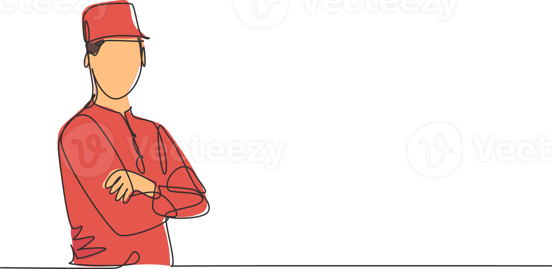 Single one line drawing of young handsome doorman posing cross arm on