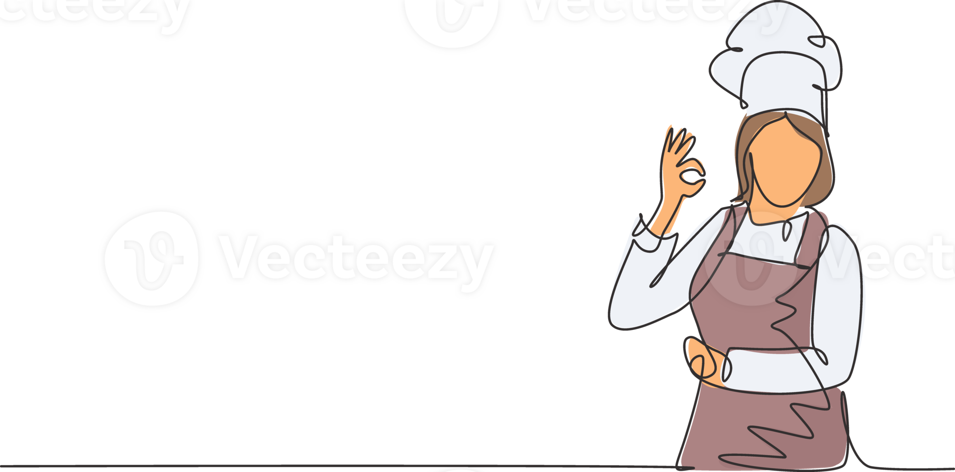 One continuous line drawing of young female chef pose casually while giving excellent food taste gesture. Restaurant banner concept single line draw design illustration png