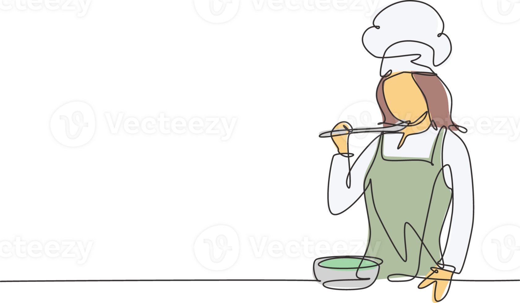 One continuous line drawing of young female chef tasting and smelling soup curry with wooden spoon. Healthy food preparation on commercial kitchen concept single line draw design illustration png