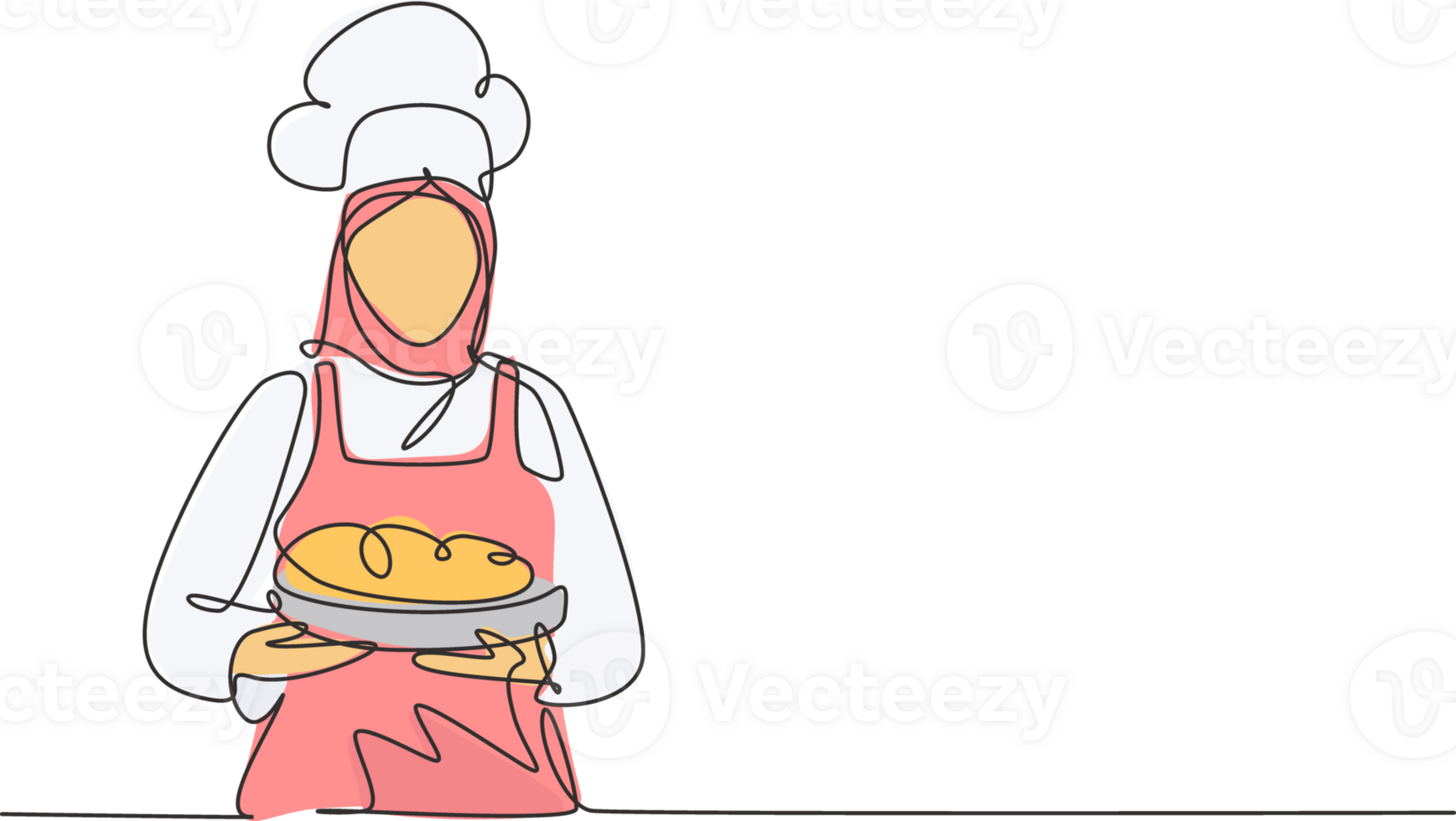 Continuous one line drawing of young beauty woman chef in uniform serving main dish to customer at hotel restaurant. Healthy organic food concept single line draw graphic design illustration png