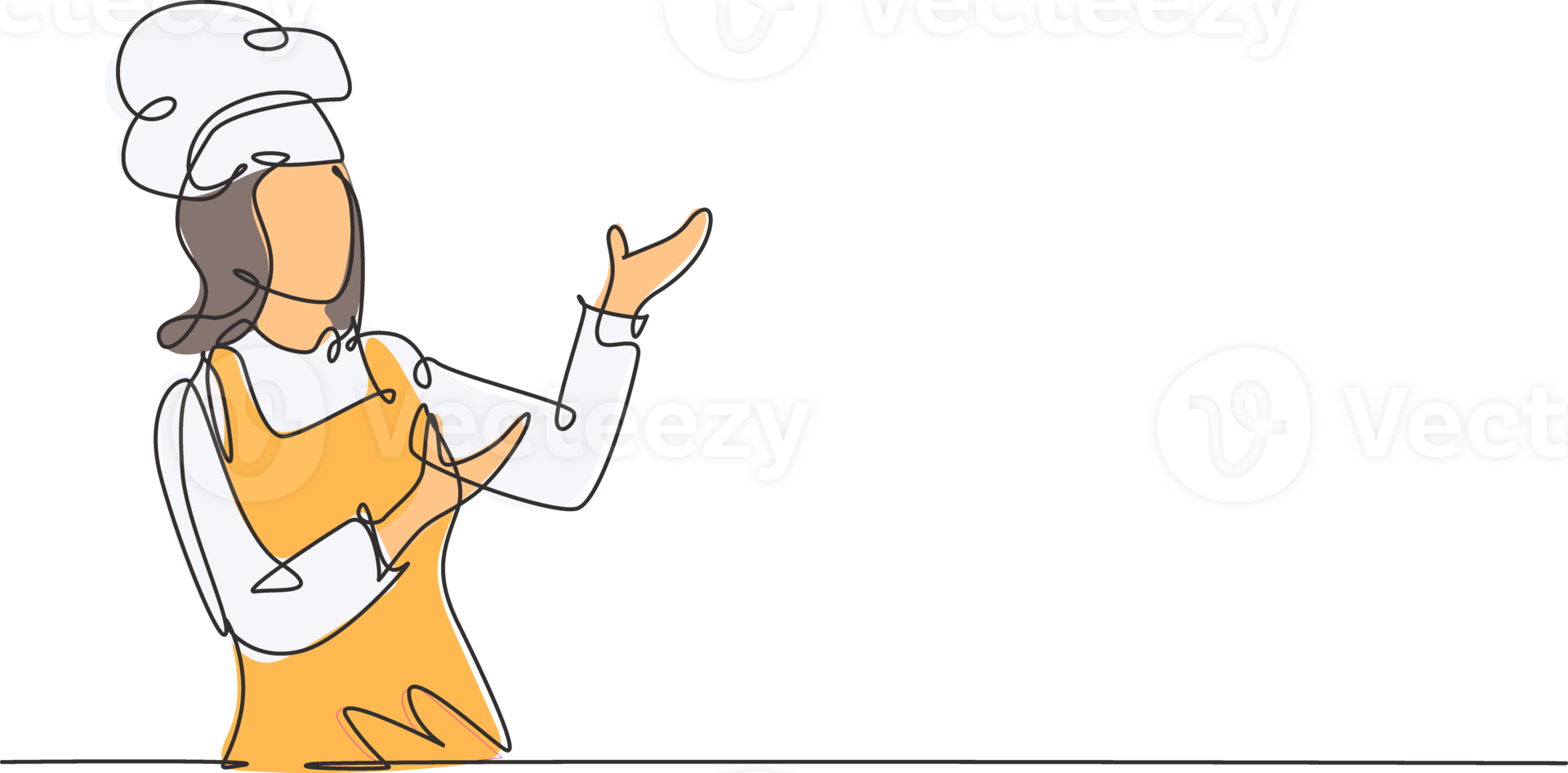 Single continuous line drawing of young friendly woman chef in uniform pose serving menu at screen display. Online food restaurant banner concept one line drawing design graphic illustration png