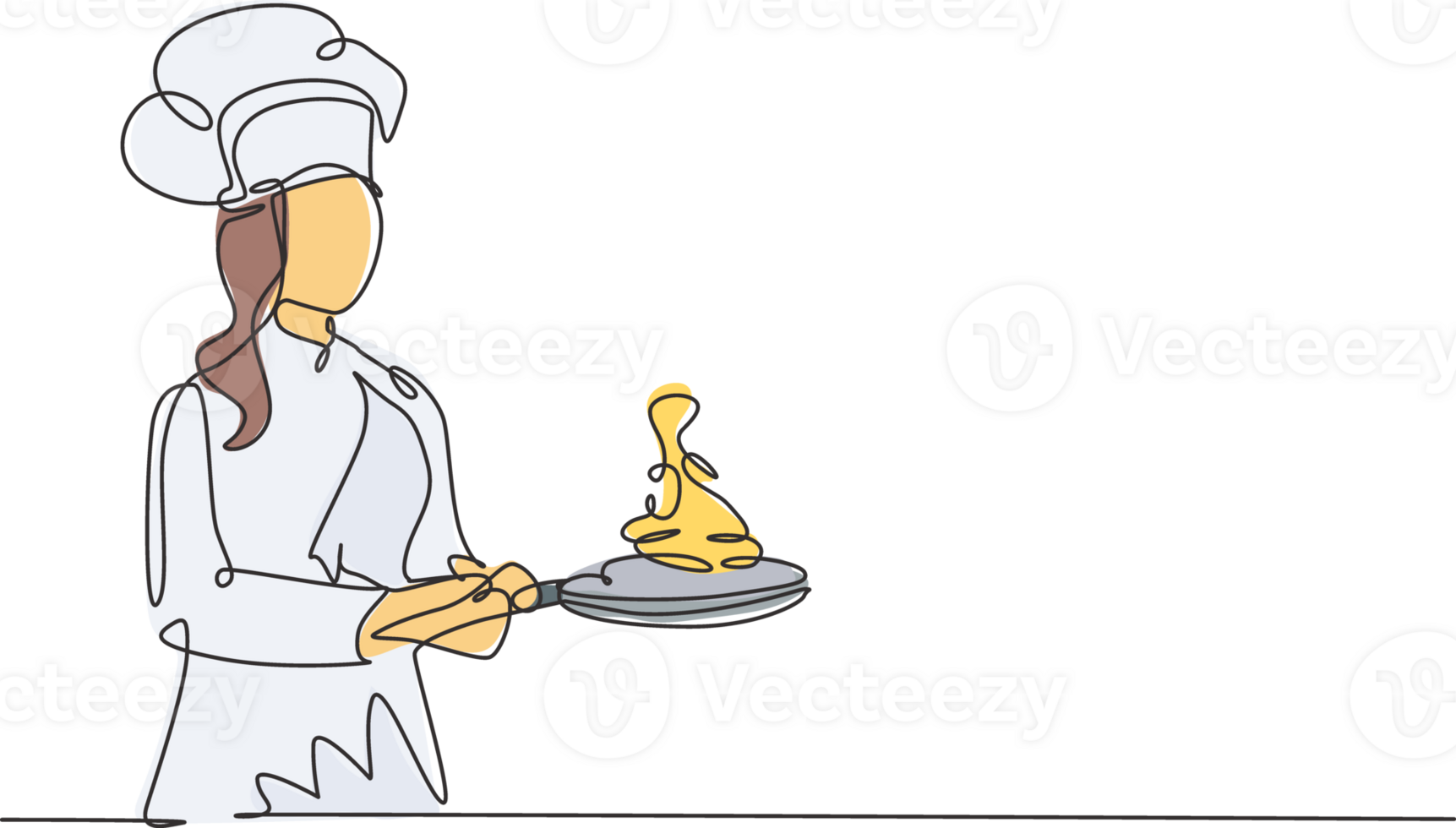 Single continuous line drawing of young confident beauty female chef throwing ingredient on pan while sauteing the food. Healthy food concept one line drawing design minimalism illustration png