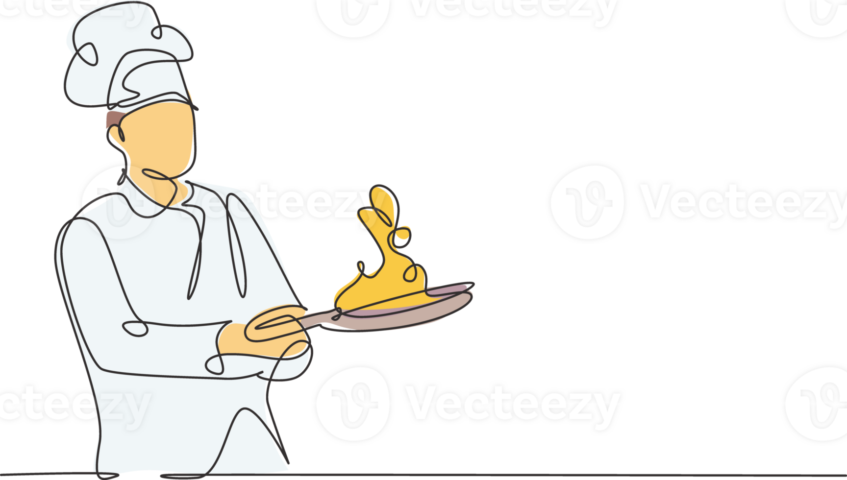 Single continuous line drawing of young confident handsome male chef throwing ingredient on pan while sauteing the food. Healthy food concept one line drawing design minimalism illustration png