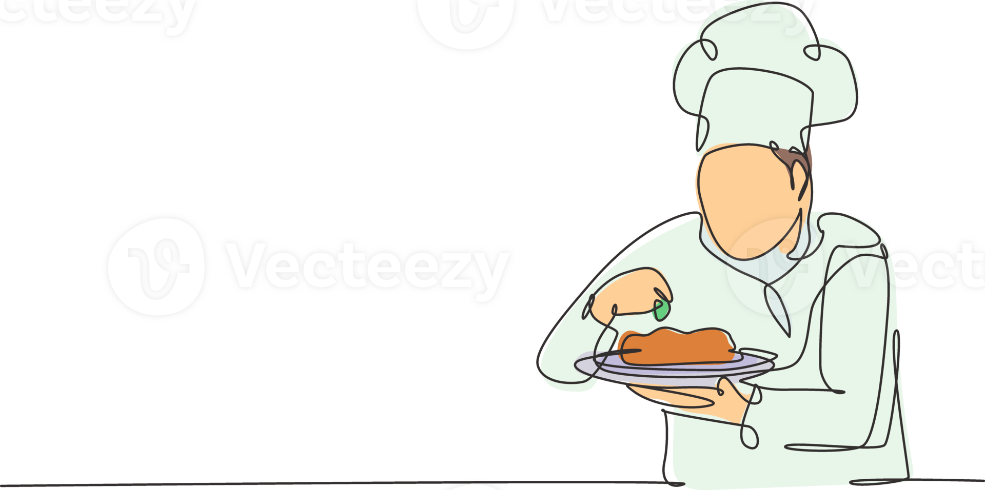 Continuous one line drawing of young confident handsome male chef sparkling salt and pepper to main dish before serving to customer. Food concept single line draw graphic design illustration png