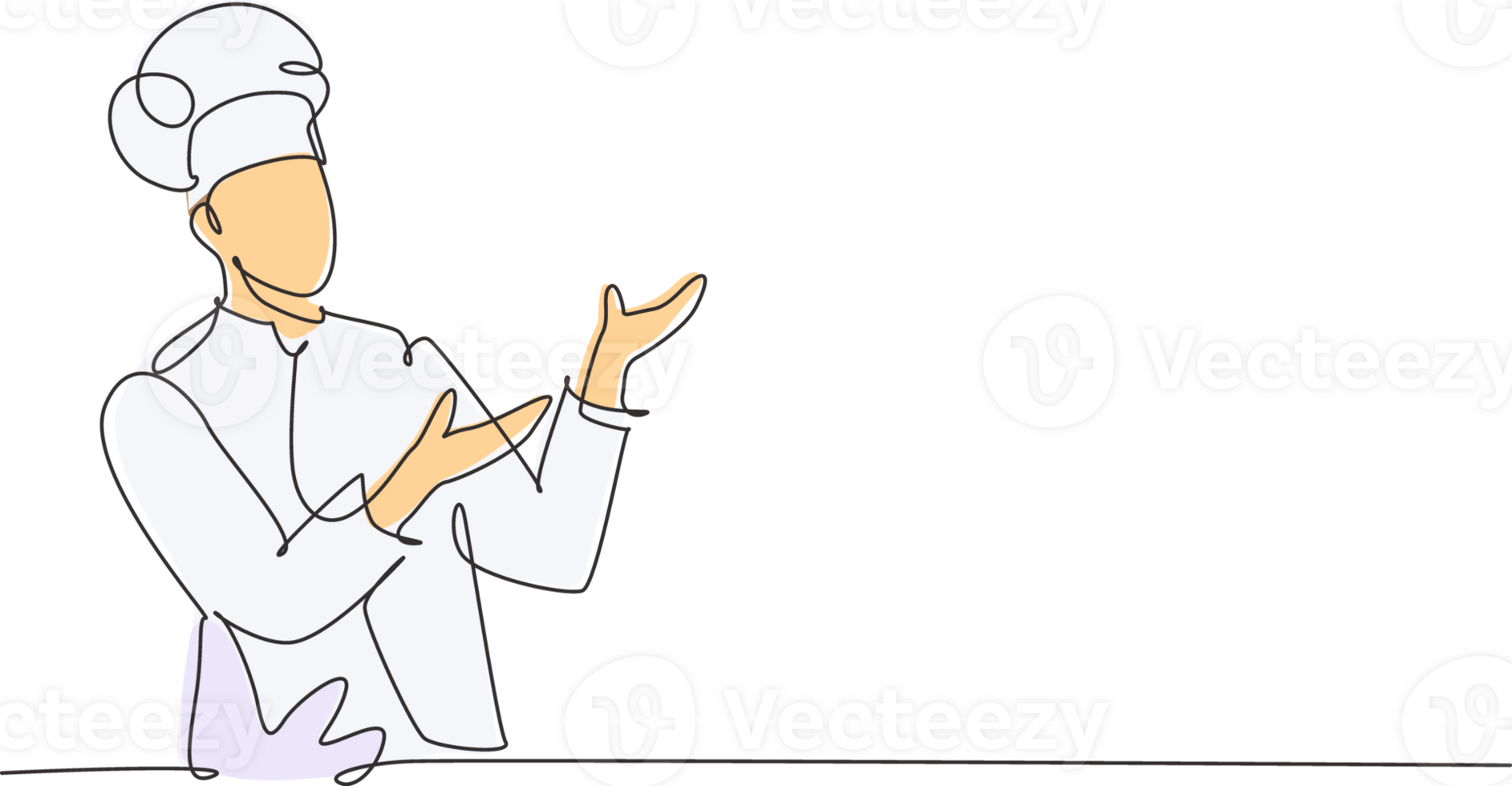 Single continuous line drawing of young friendly man chef in uniform pose serving menu at screen display. Online food restaurant banner concept one line drawing design graphic illustration png
