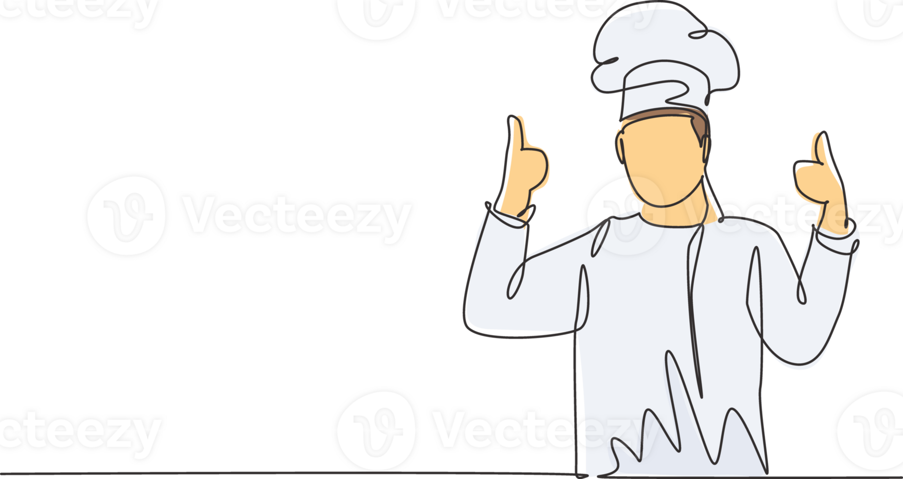 Continuous one line drawing of young happy handsome male chef giving thumbs up gesture. Excellent taste of food in hotel restaurant concept single line draw graphic design illustration png