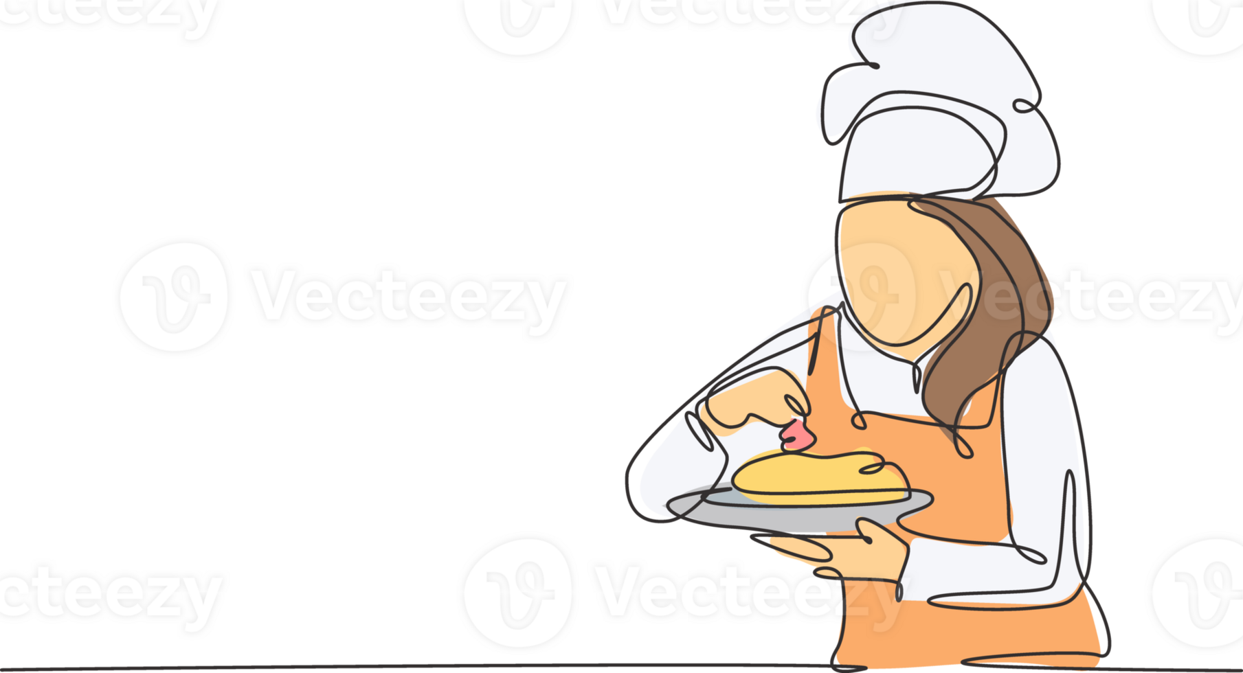 Continuous one line drawing of young confident beauty female chef sparkling salt and pepper to main dish before serving to customer. Food concept single line draw graphic design illustration png