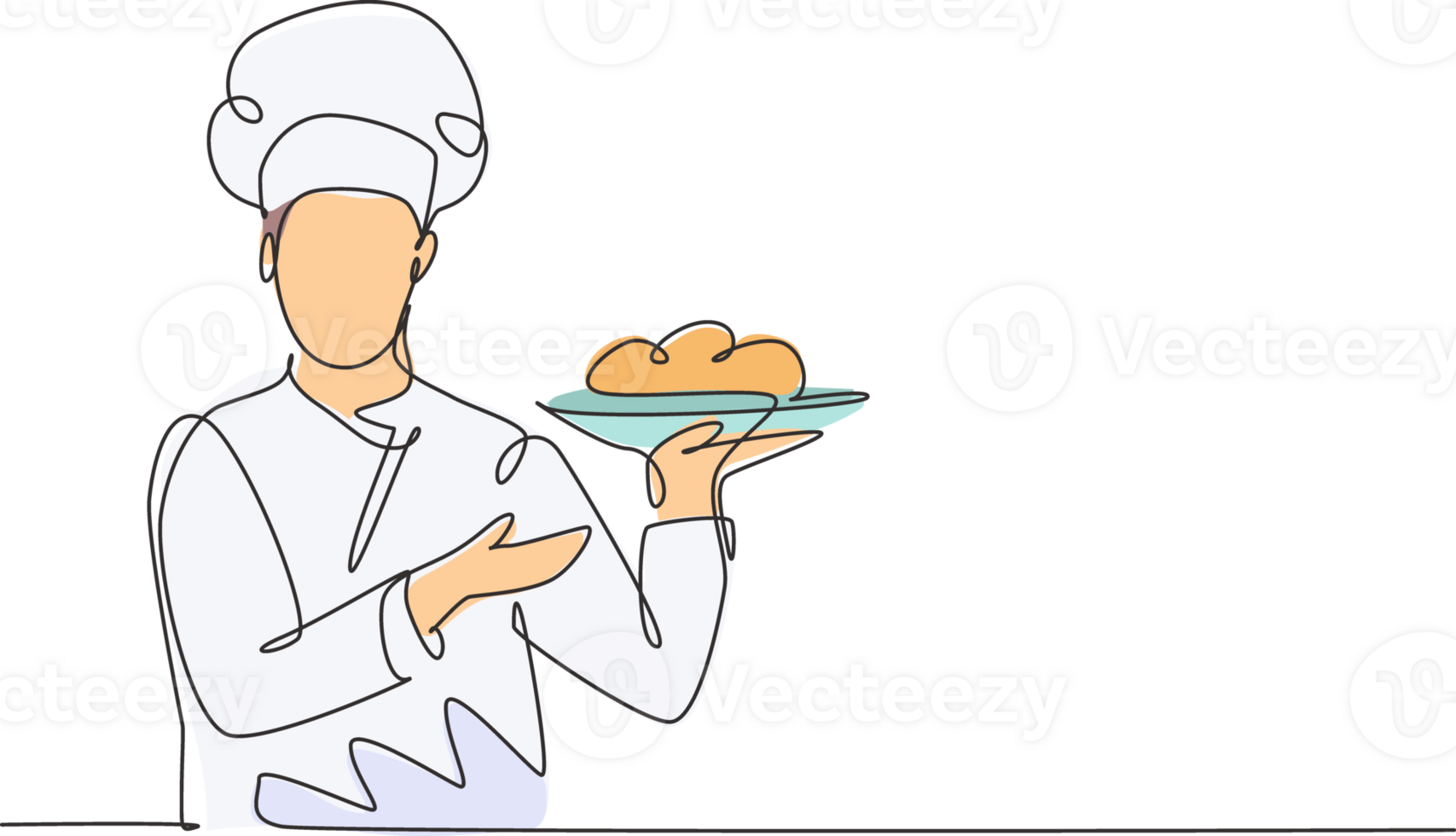 Continuous one line drawing of young attractive male chef holding main dish food tray and ready to serve to customer. Good resto service concept single line draw graphic design illustration png