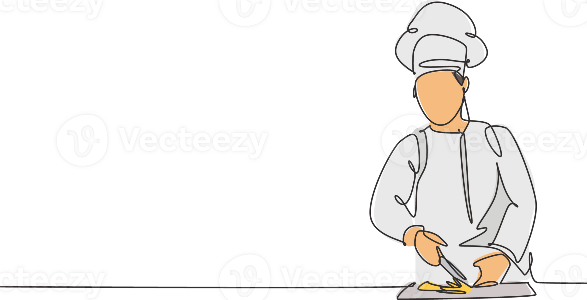 Single one line drawing of young happy attractive male chef slicing vegetables on wooden cutting board to prepare meal food. Modern template one line hand drawn illustration minimalism style png