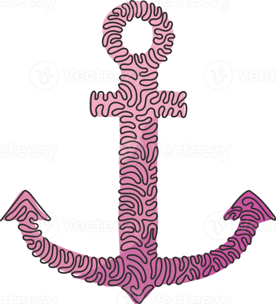 Single one line drawing anchor icon isolated. Ship or boat anchor silhouette, marine symbol, security sign. Ocean or sea symbol. Swirl curl style. Continuous line draw design graphic illustration png