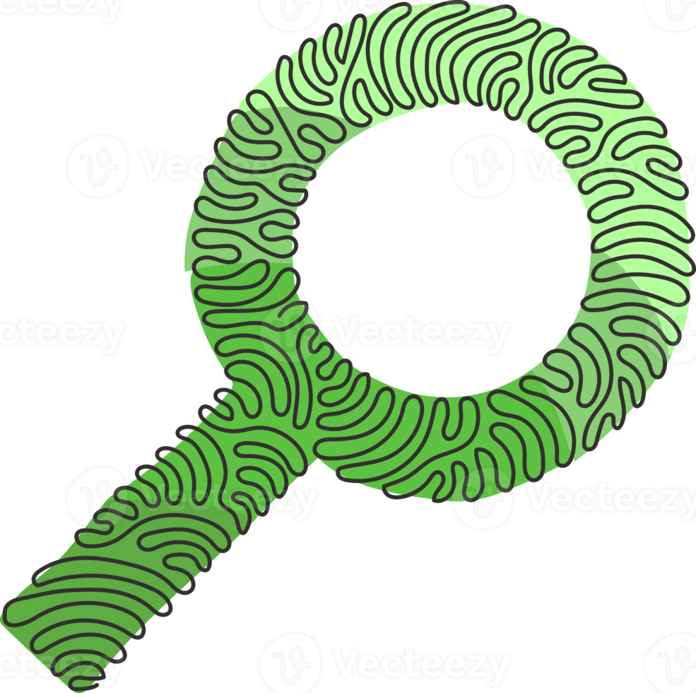 Continuous one line drawing magnifying glass or search icon. Flat magnifier for use in web design, ui, program, app, software. Swirl curl style. Single line draw design graphic illustration png