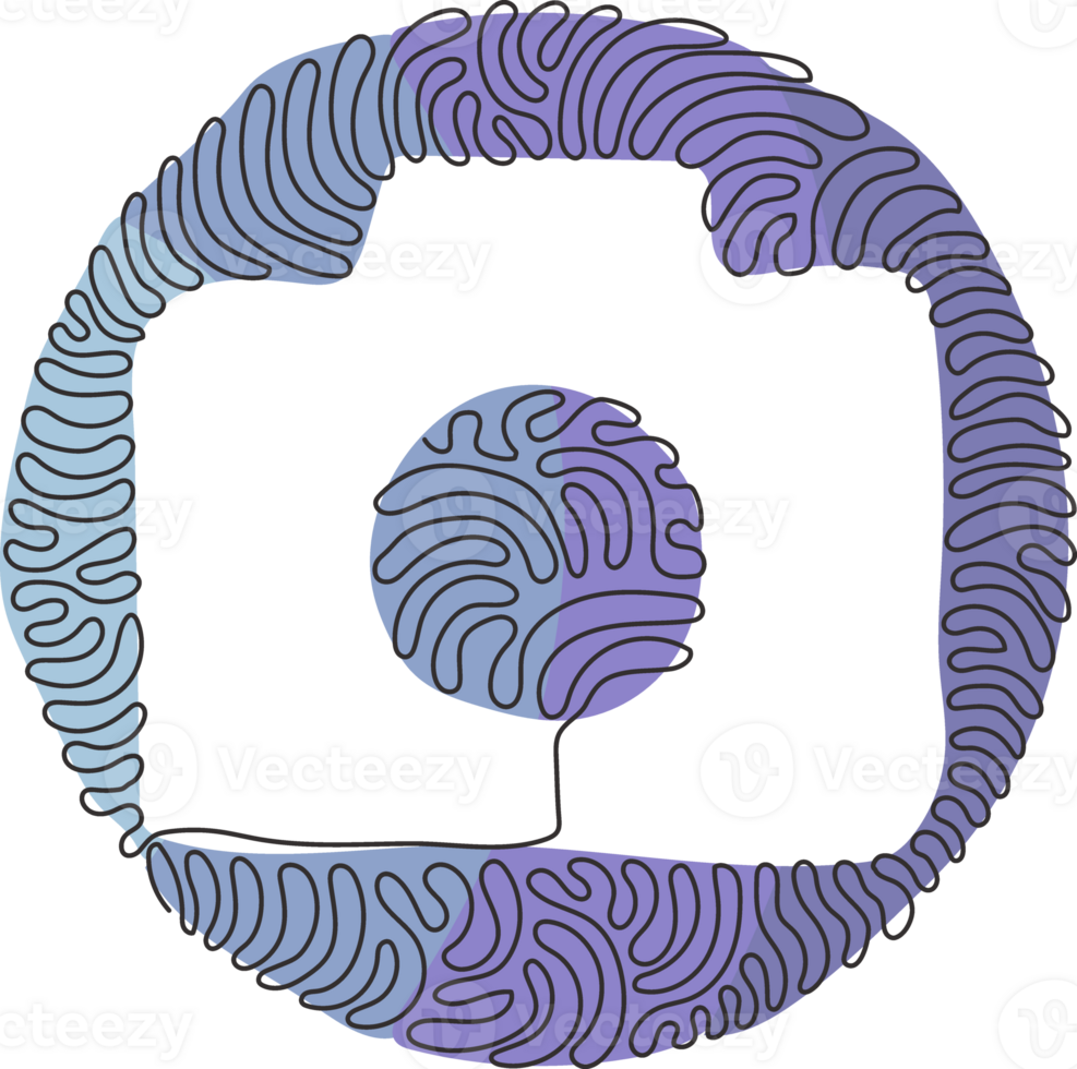 Single one line drawing camera linear icon, simple digital device flat design for app logo web website button ui ux interface. Swirl curl circle style. Continuous line draw graphic png