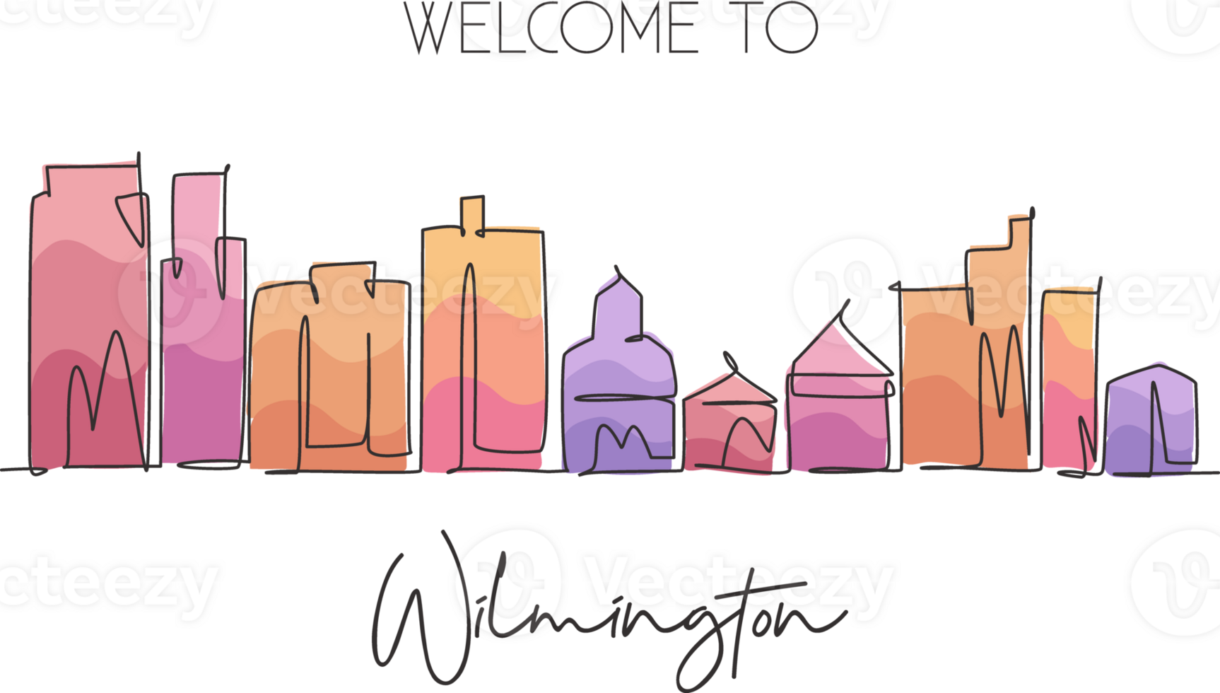 One single line drawing Wilmington city skyline, Delaware. World historical town landscape postcard. Best holiday destination. Editable stroke trendy continuous line draw design illustration png