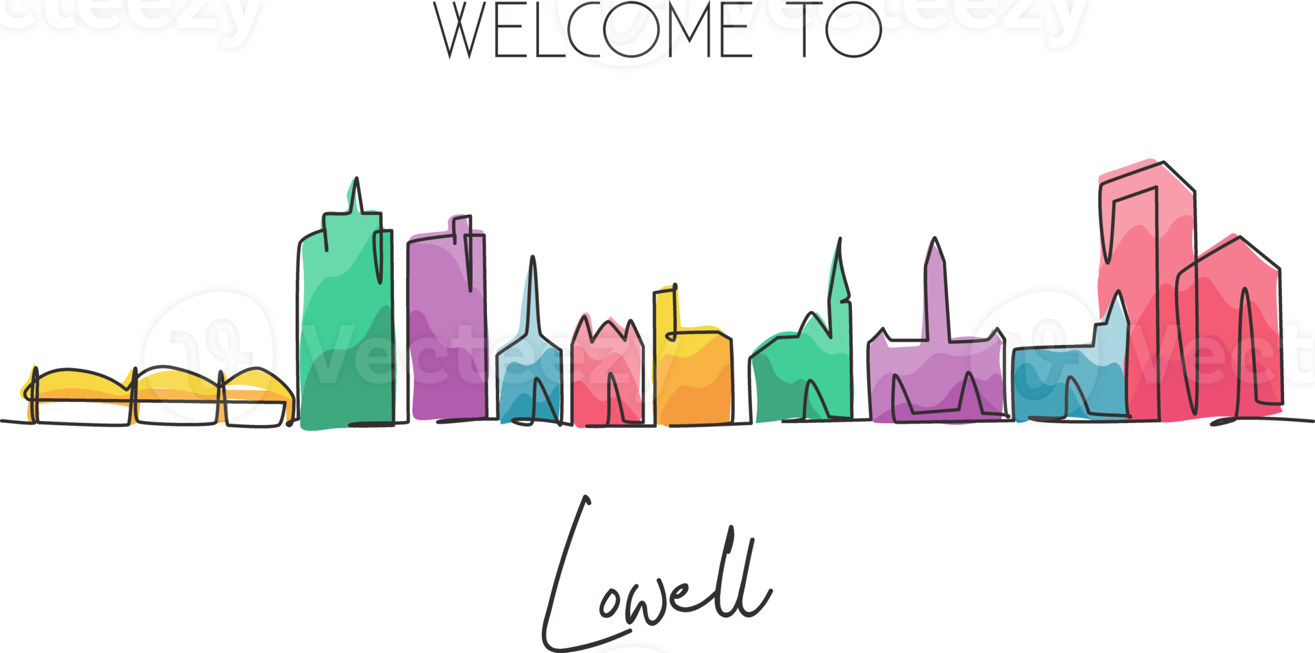 One single line drawing Lowell city skyline, Massachusetts. World historical town landscape. Best holiday destination postcard. Editable stroke trendy continuous line draw design illustration png