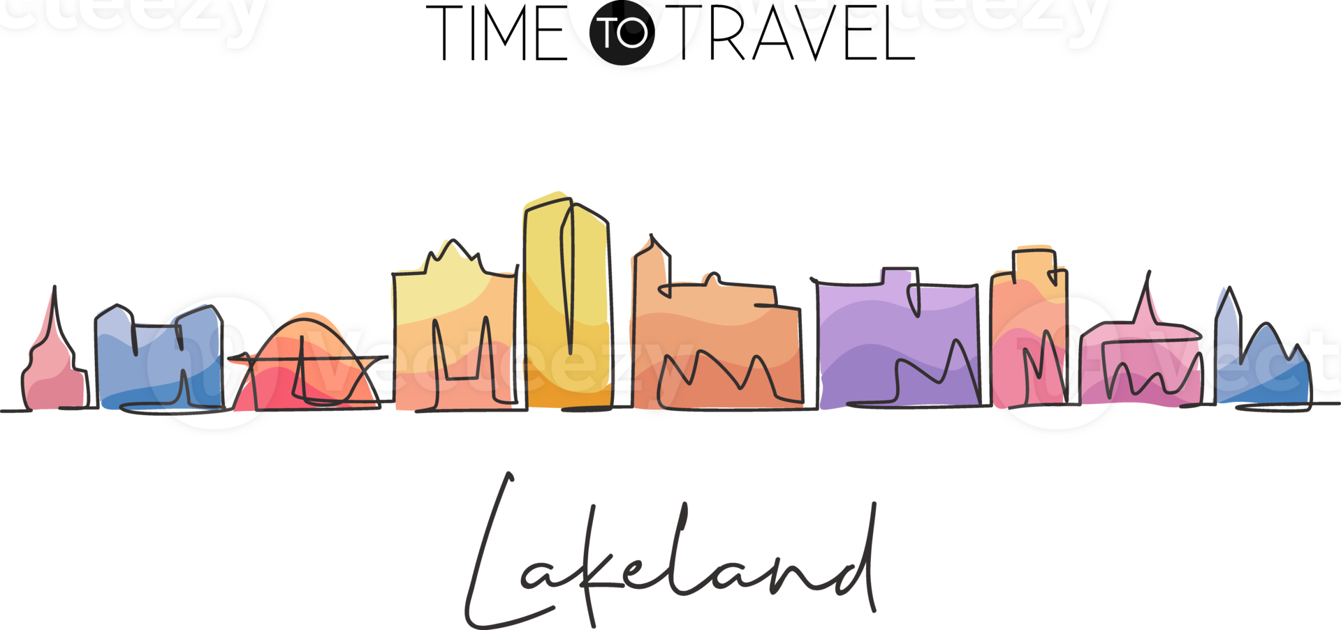 One continuous line drawing Lakeland city skyline, Florida. Beautiful landmark art. World landscape tourism travel home wall decor poster print. Stylish single line draw design illustration png