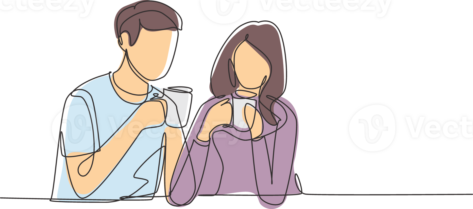 Single continuous line drawing romantic couple sitting enjoying a cup of coffee to enjoy the morning. Happy family and success life concept. Dynamic one line draw graphic design illustration png