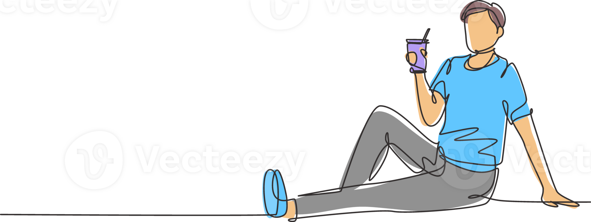 Continuous one line drawing young man sitting relaxed in the park enjoying a cup of hot coffee and fresh natural scenery. Happy lifestyle concept. Single line draw design graphic illustration png
