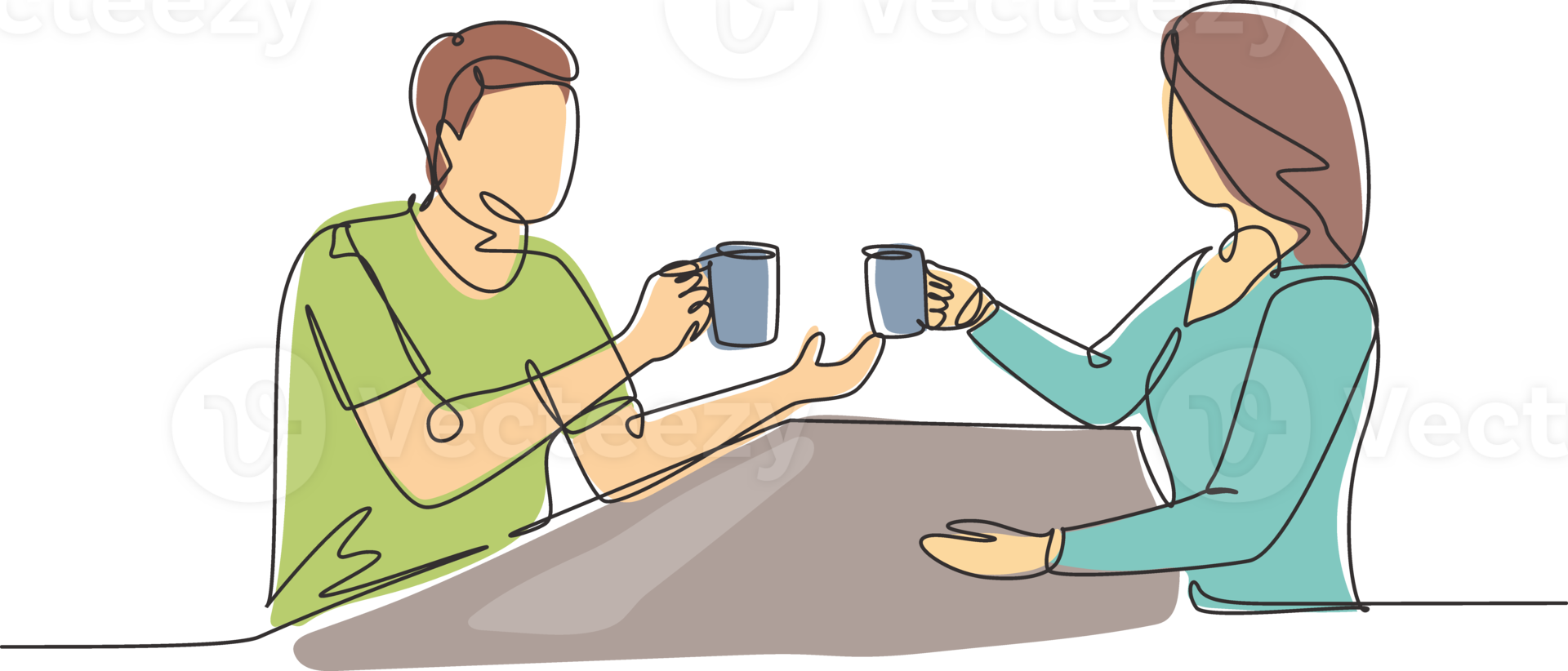 Single continuous line drawing a young couple holding a cup of hot coffee, preparing a toast to celebrate the success of an office work project. Dynamic one line draw graphic design illustration png