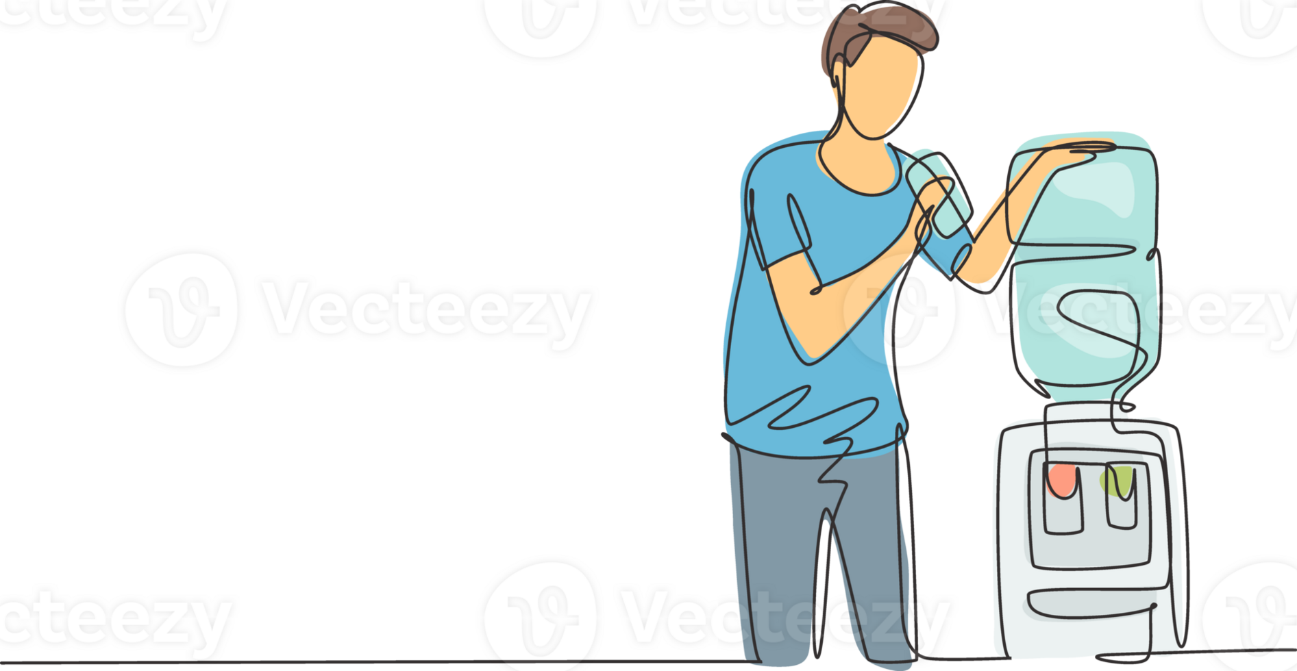 Single one line drawing young man drinking fresh water in a glass while standing next to a water dispenser filled with gallons of water. Modern continuous line draw design graphic illustration png