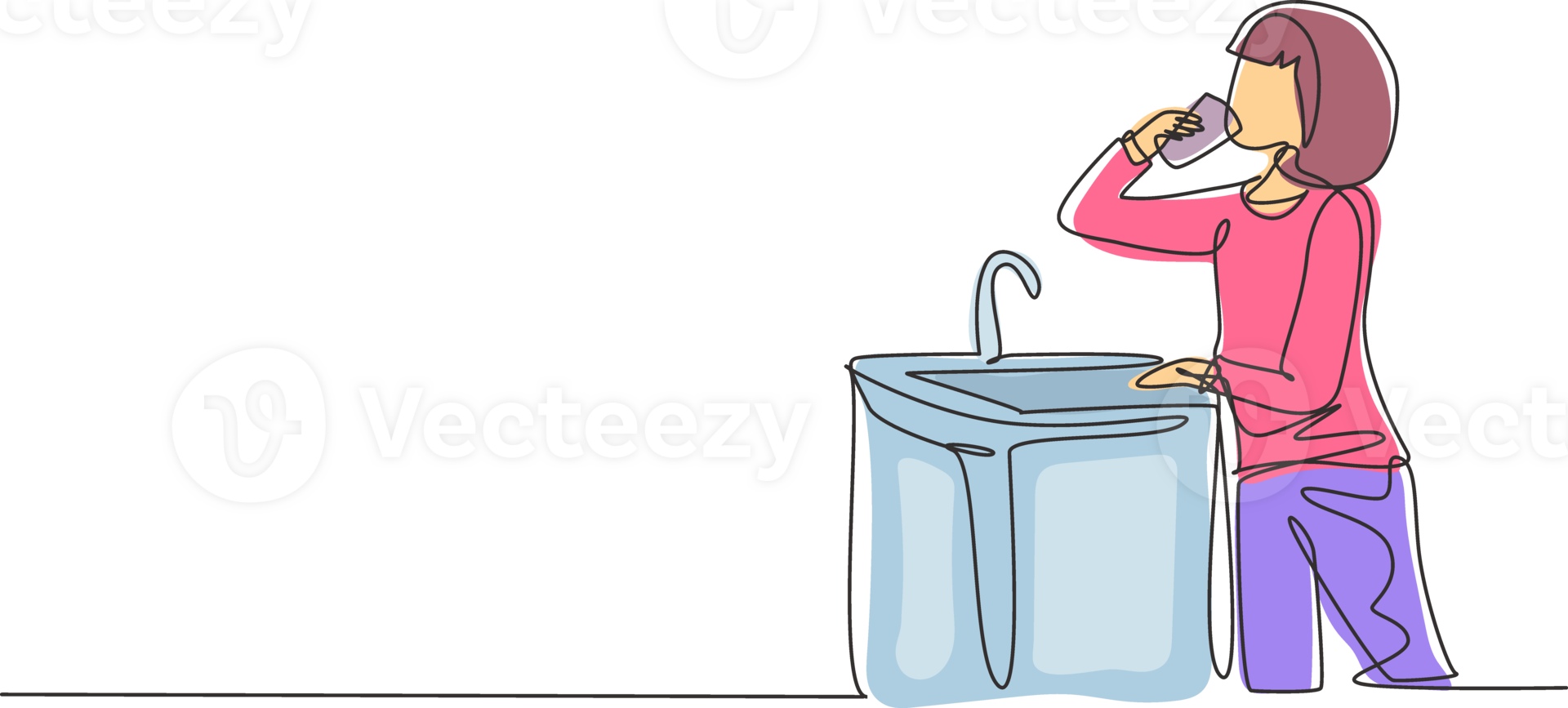 Single one line drawing girl drinking water from ready-to-drink faucet. Thirst and dehydration due to heat during the day. Fresh moment. Modern continuous line draw design graphic illustration png