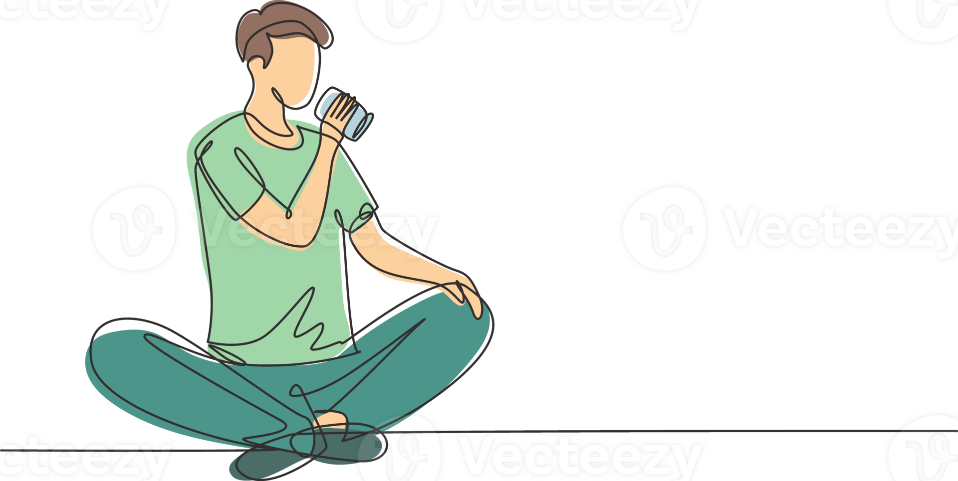 Single continuous line drawing young man sitting while enjoying a soft drink to refreshing and relaxing body. Attractive teenager concept. Dynamic one line draw graphic design illustration png