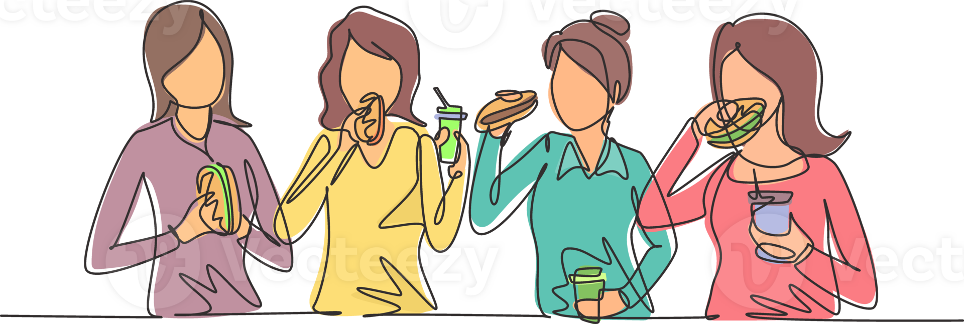 Continuous one line drawing friends eating fast food meal in restaurant. Group of happy women sitting, talking, dinner, burgers and drinking soda. Single line draw design graphic illustration png