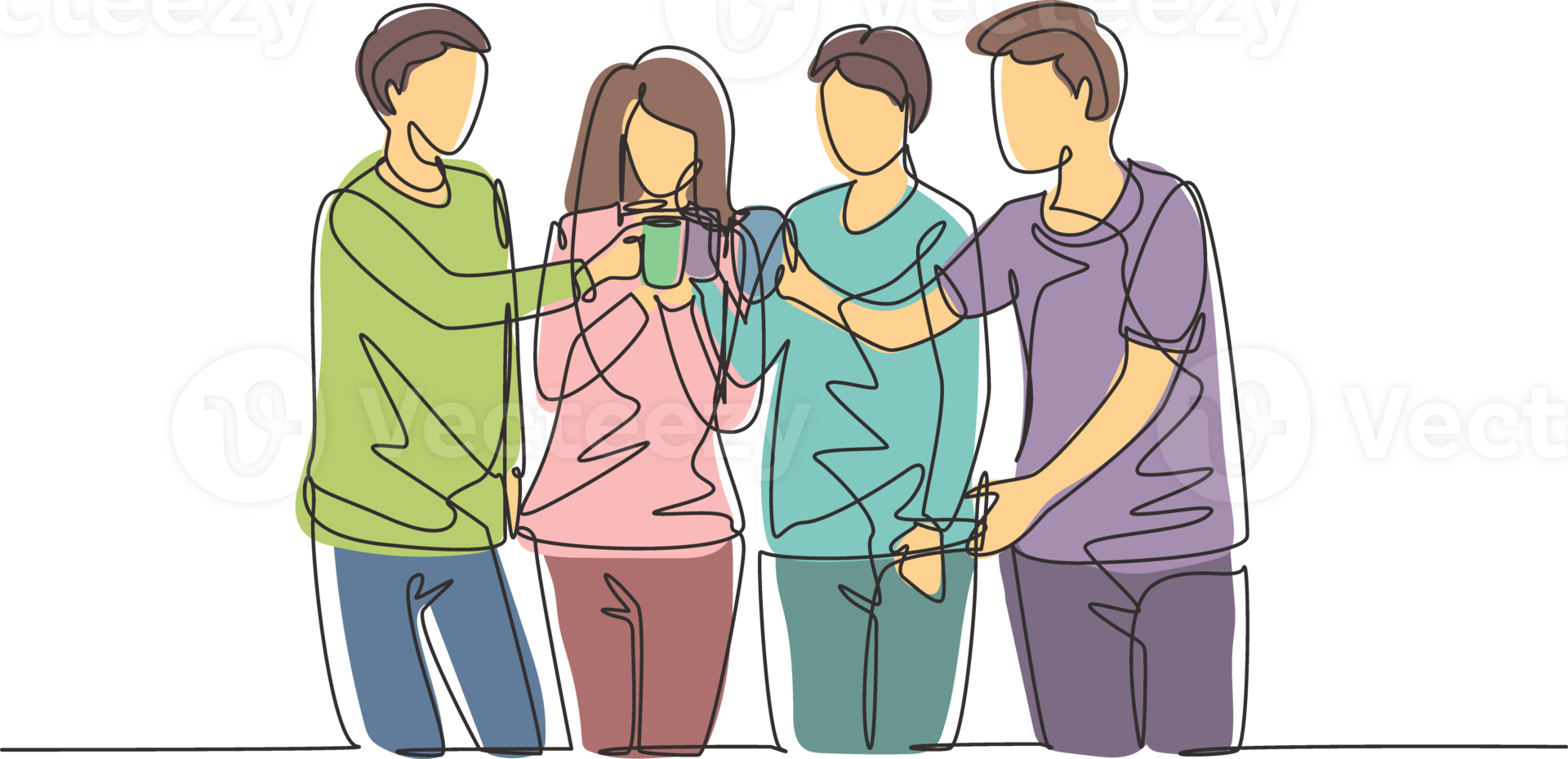 Continuous one line drawing teenagers toast with soft drinks to celebrate friendship at a garden party. Happy togetherness and lifestyle concept. Single line draw design graphic illustration png