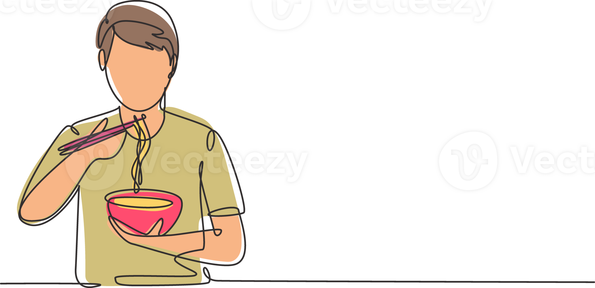 Single one line drawing young male having noodles meal with chopsticks around table. Enjoy lunch when hungry. Delicious and healthy food. Modern continuous line draw design graphic illustration png