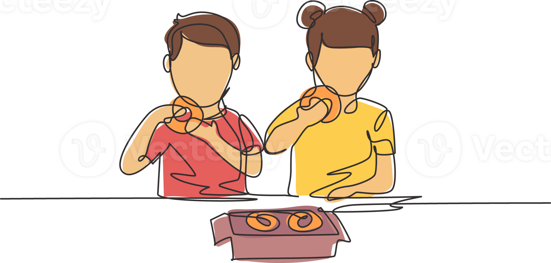 Continuous one line drawing two boy and girl having donuts meal with hand around table. Happy and enjoy breakfast at home. Tasty and healthy food. Single line draw design graphic illustration png