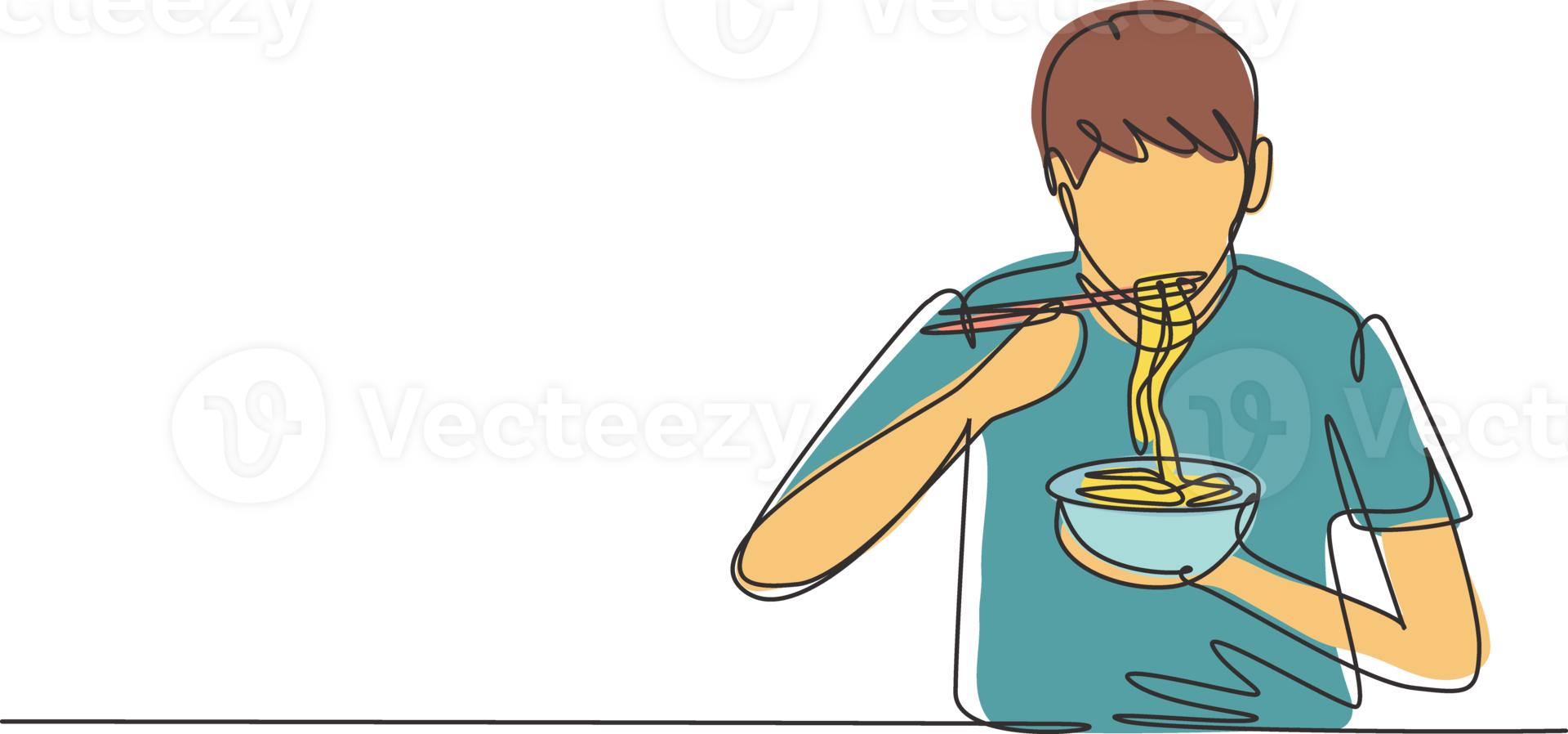 Single continuous line drawing young man having noodles meal with chopsticks around table. Enjoy lunch when hungry. Delicious and healthy food. Dynamic one line draw graphic design illustration png