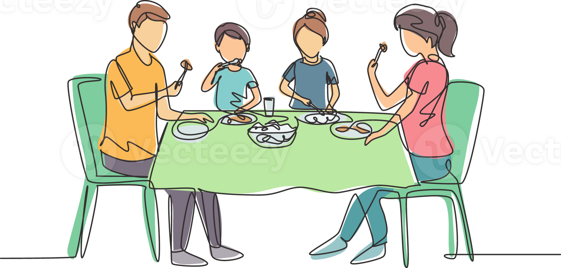 Continuous one line drawing diner parents and children together. Family having meal around kitchen table. Happy daddy, mom and kids sitting eating. Single line draw design graphic illustration png