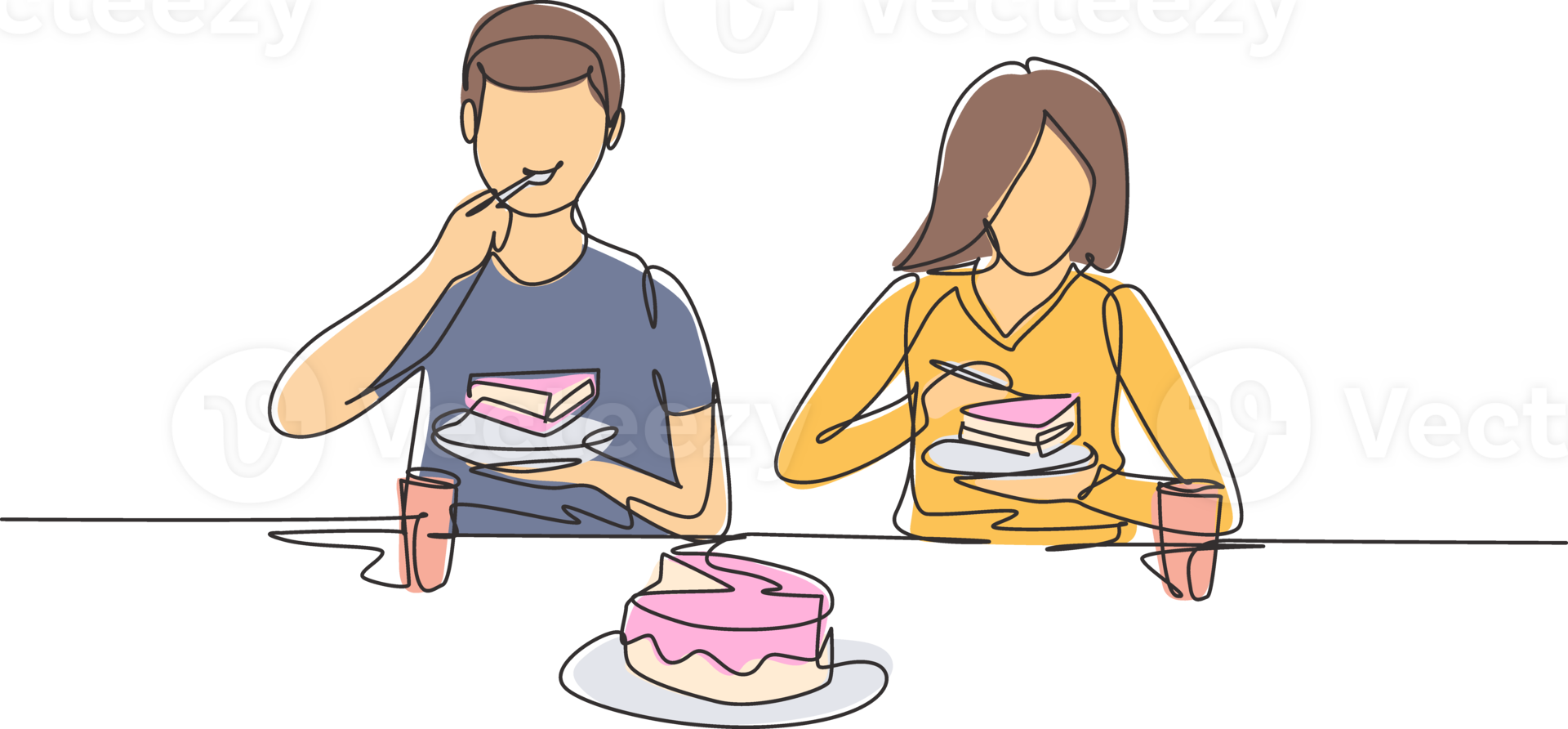 Single continuous line drawing young couple husband and wife having cake meal around table. Celebrate wedding anniversary with romantic dinner. Dynamic one line draw graphic design illustration png