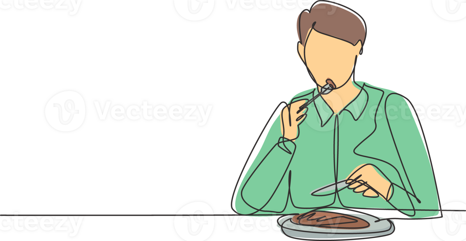 Continuous one line drawing young man having steaks meal with fork and knife around table. Enjoy lunch at restaurant. Delicious and healthy food. Single line draw design graphic illustration png