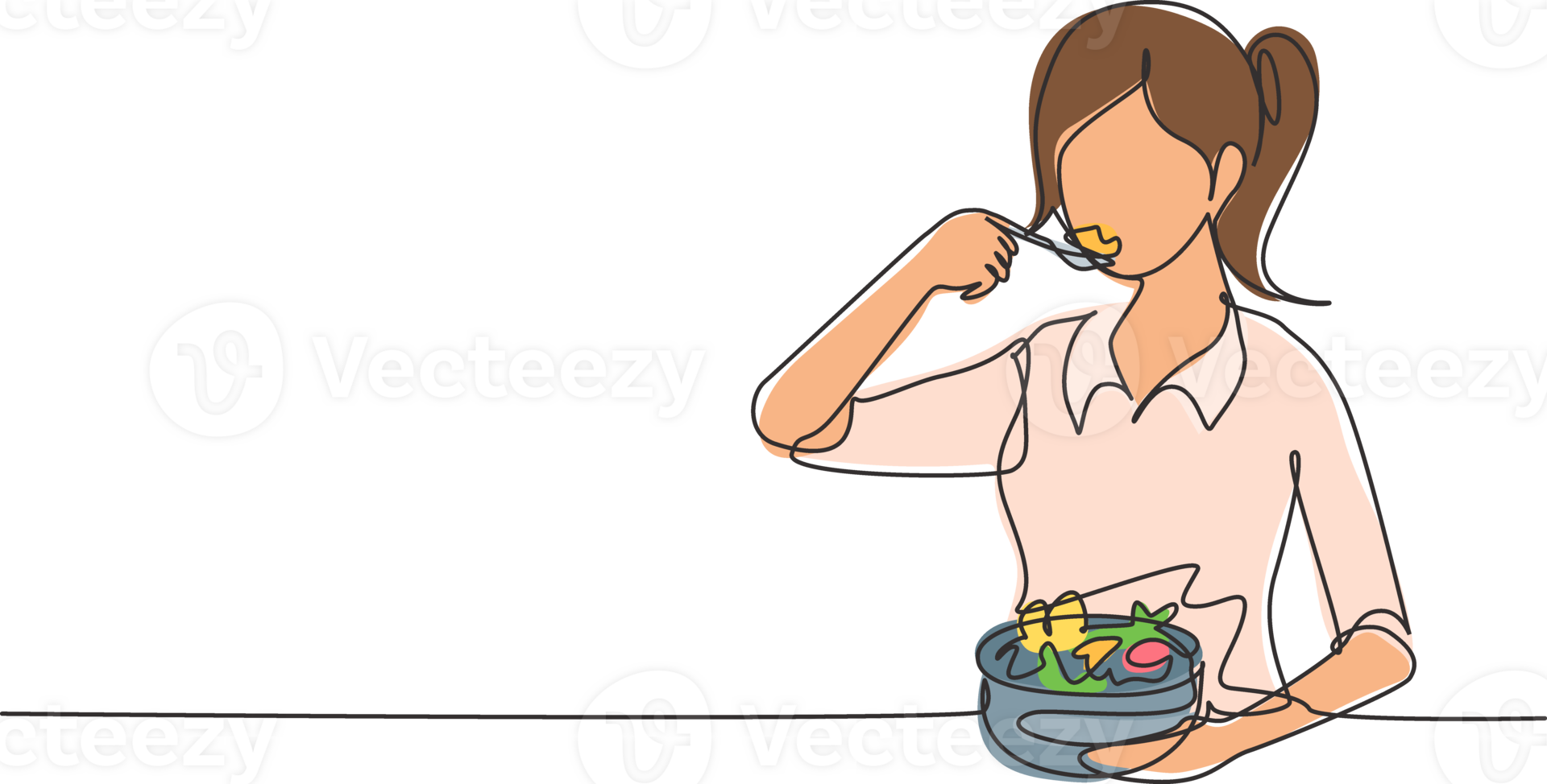 Continuous one line drawing young girl having salad meal with spoon and bowl. Happy and enjoy breakfast at home. Delicious, healthy and tasty food. Single line draw design graphic illustration png