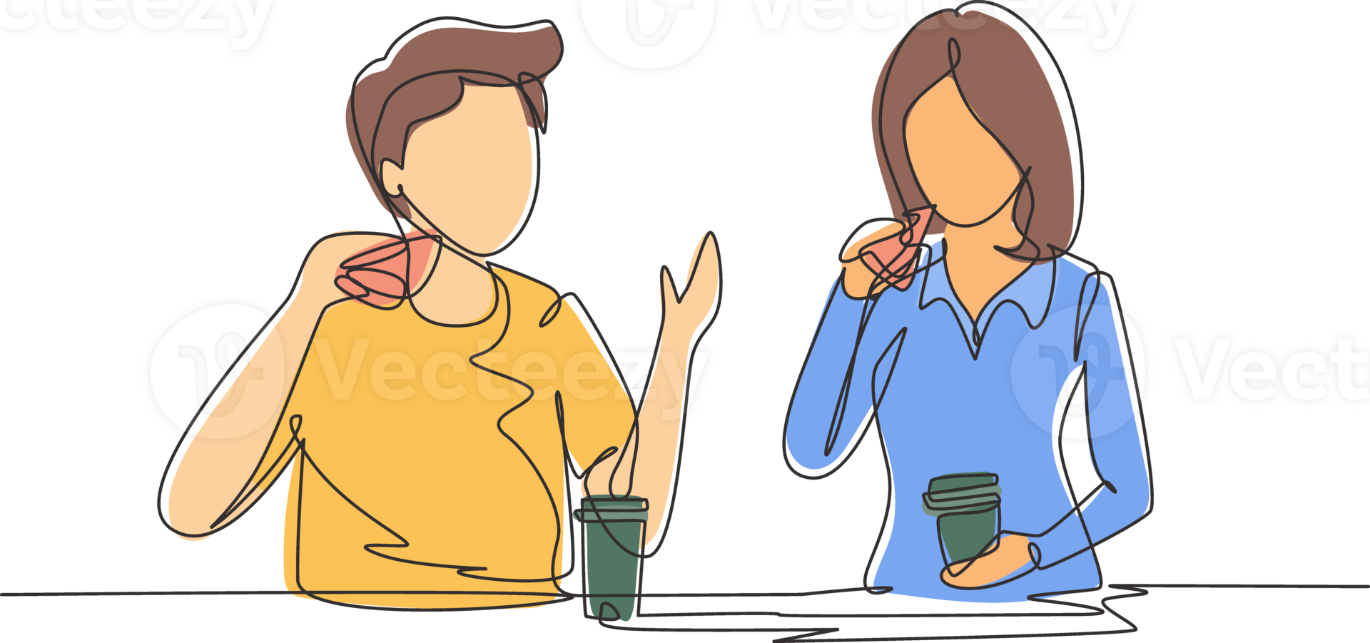 Continuous one line drawing young couple having hamburger meal around table at restaurant. Happy teenagers talking, smiling and laughing together. Single line draw design graphic illustration png