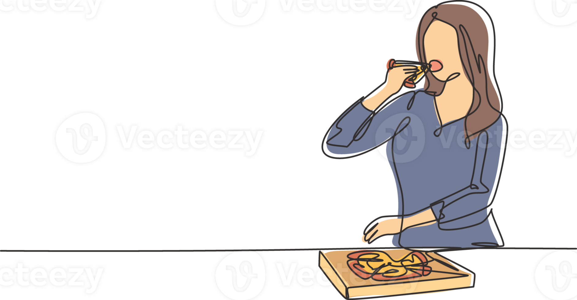 Single one line drawing young woman having spaghetti meal with fork. Happy and enjoy lunch at restaurant. Delicious and healthy food. Modern continuous line draw design graphic illustration png
