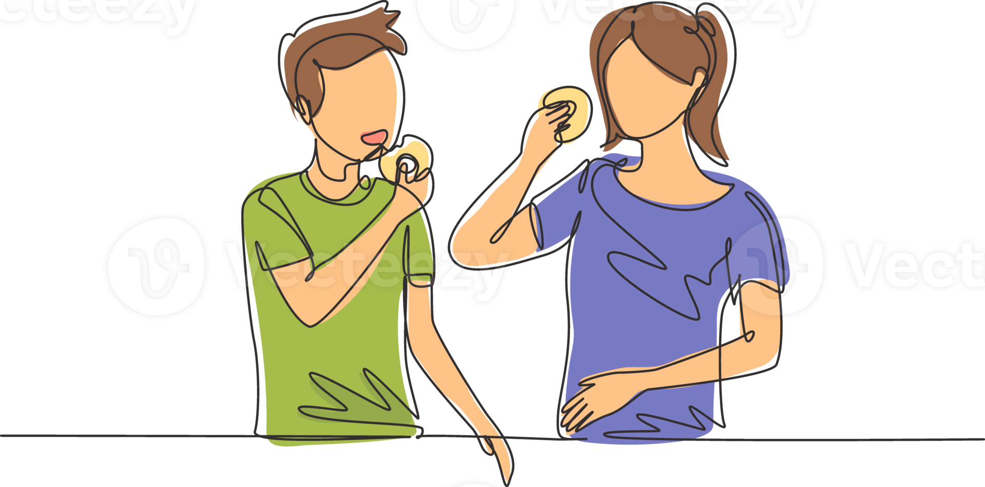 Continuous one line drawing young couple having donuts meal at restaurant. Happy teenagers smiling and laughing together. Talking friendship style. Single line draw design graphic illustration png