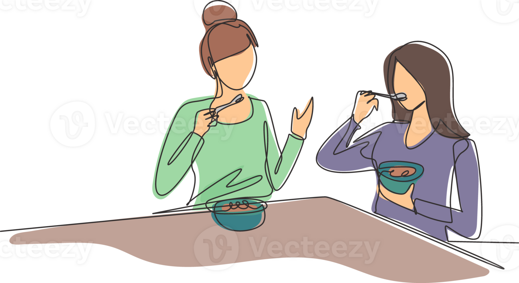 Single continuous line drawing mom and daughter having cereal meal together around table. Happy and enjoy breakfast at home. Tasty and healthy food. One line draw graphic design illustration png