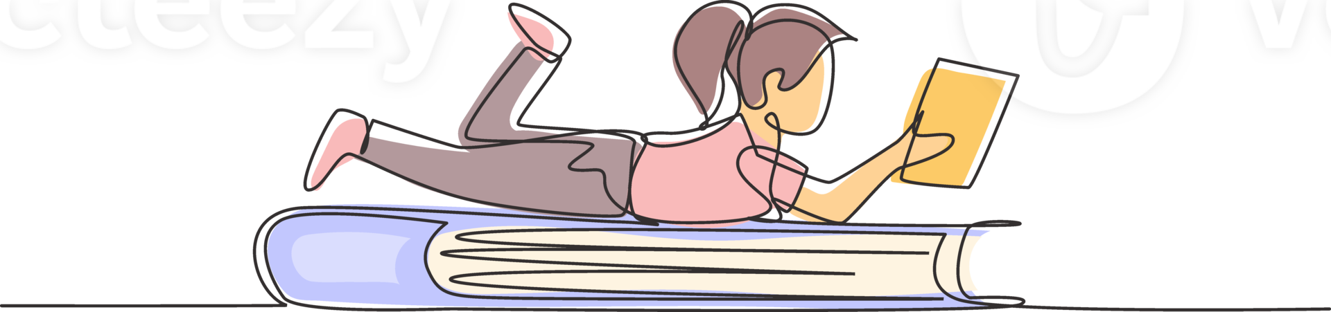 Continuous one line drawing little girl reading, learning and laying down on big book. Study in library. Smart student, education concept, fair. Single line draw design graphic illustration png