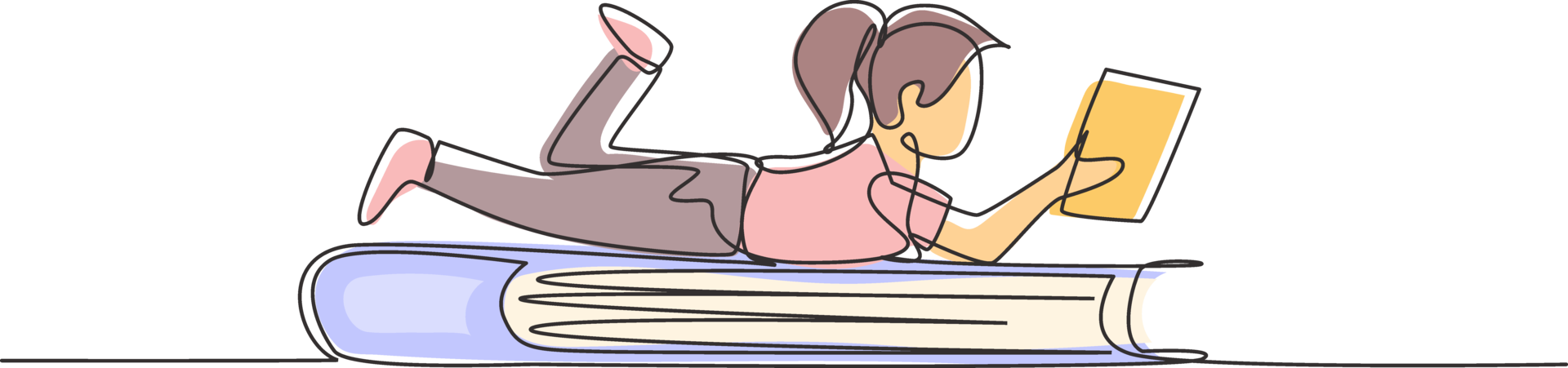 Continuous one line drawing little girl reading, learning and laying
