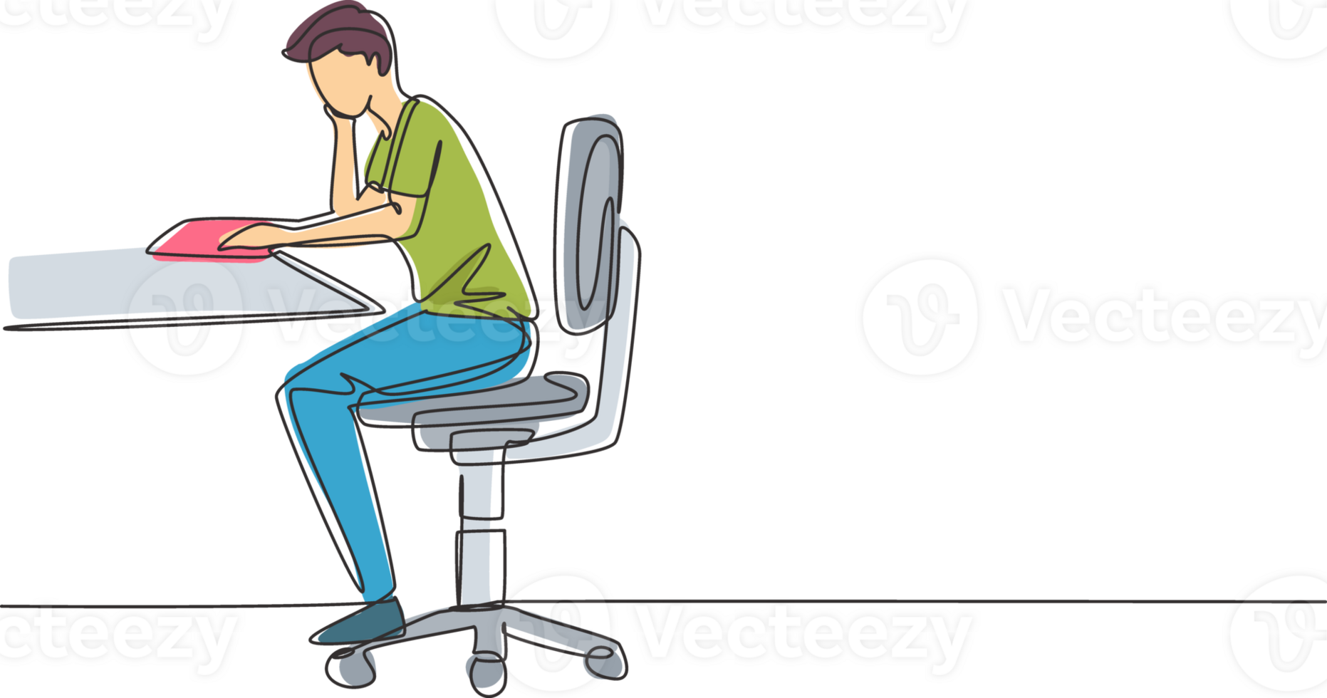 Continuous one line drawing young man reading, learning and sitting on chair around table. Study in library. Intelligent student, education concept. Single line draw design graphic illustration png