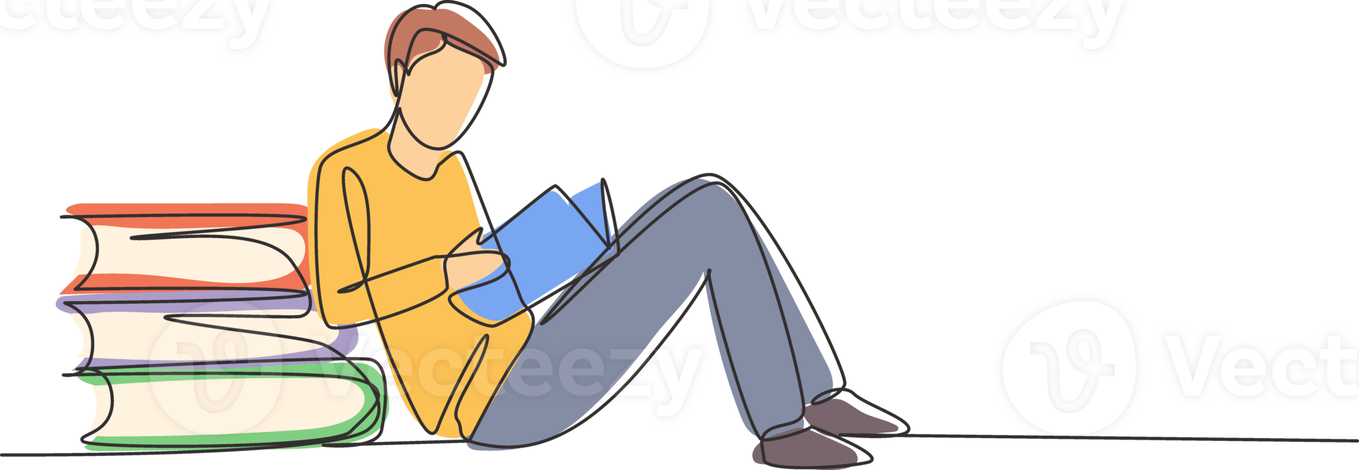 Single one line drawing young man reading, learning and backrest on big books. Study in library. Literature fans, education concept. Modern continuous line draw design graphic illustration png