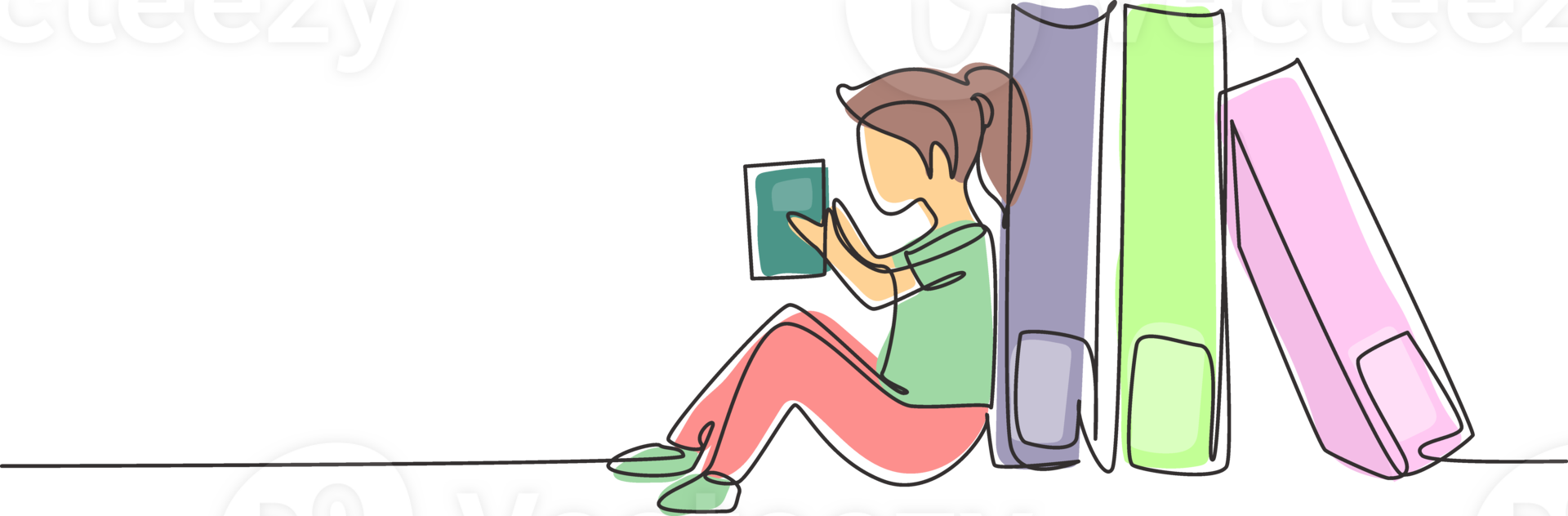 Single one line drawing little girl reading, learning and backrest on big books. Study at home. Smart student, education concept, fair. Modern continuous line draw design graphic illustration png