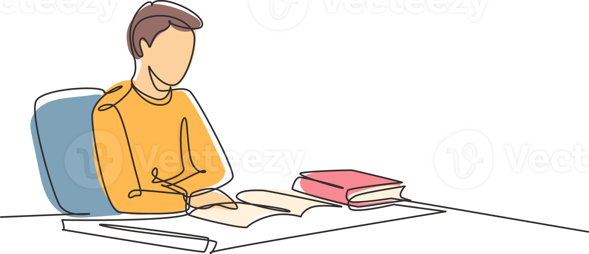 Single one line drawing young man reading, learning and sitting on chair around table. Study in library. Intelligent student, education concept. Continuous line draw design graphic illustration png