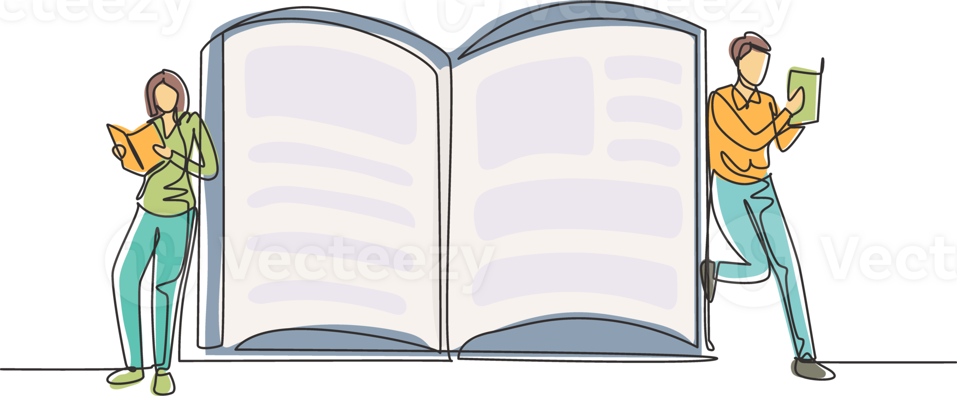 Single one line drawing students woman and man reading, learning and standing beside open huge book. Literature lovers, education concept, fair. Continuous line draw design graphic illustration png